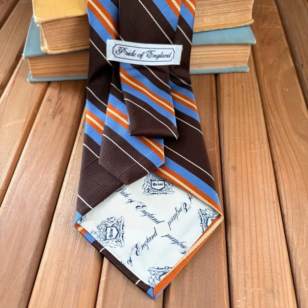 Vintage Brown Blue Orange Regimental Stripe Tie Classic Mens Necktie - Picture 3 of 7